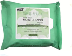 Swiss Beauty moisturizing wipes pack with aloe vera extract, sealed in green wrapper