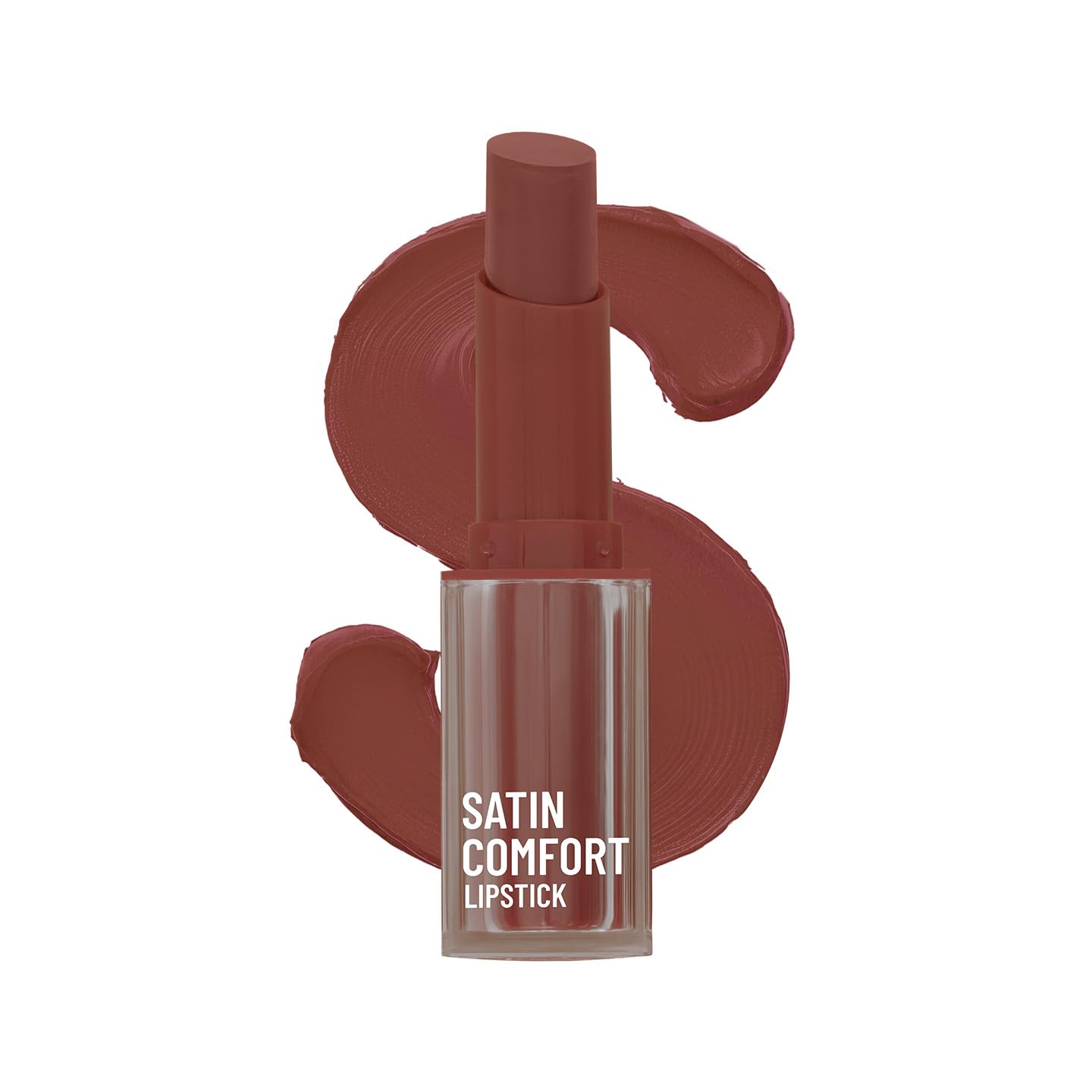 Satin comfort lipstick in toasted brown shade, capped tube with bullet