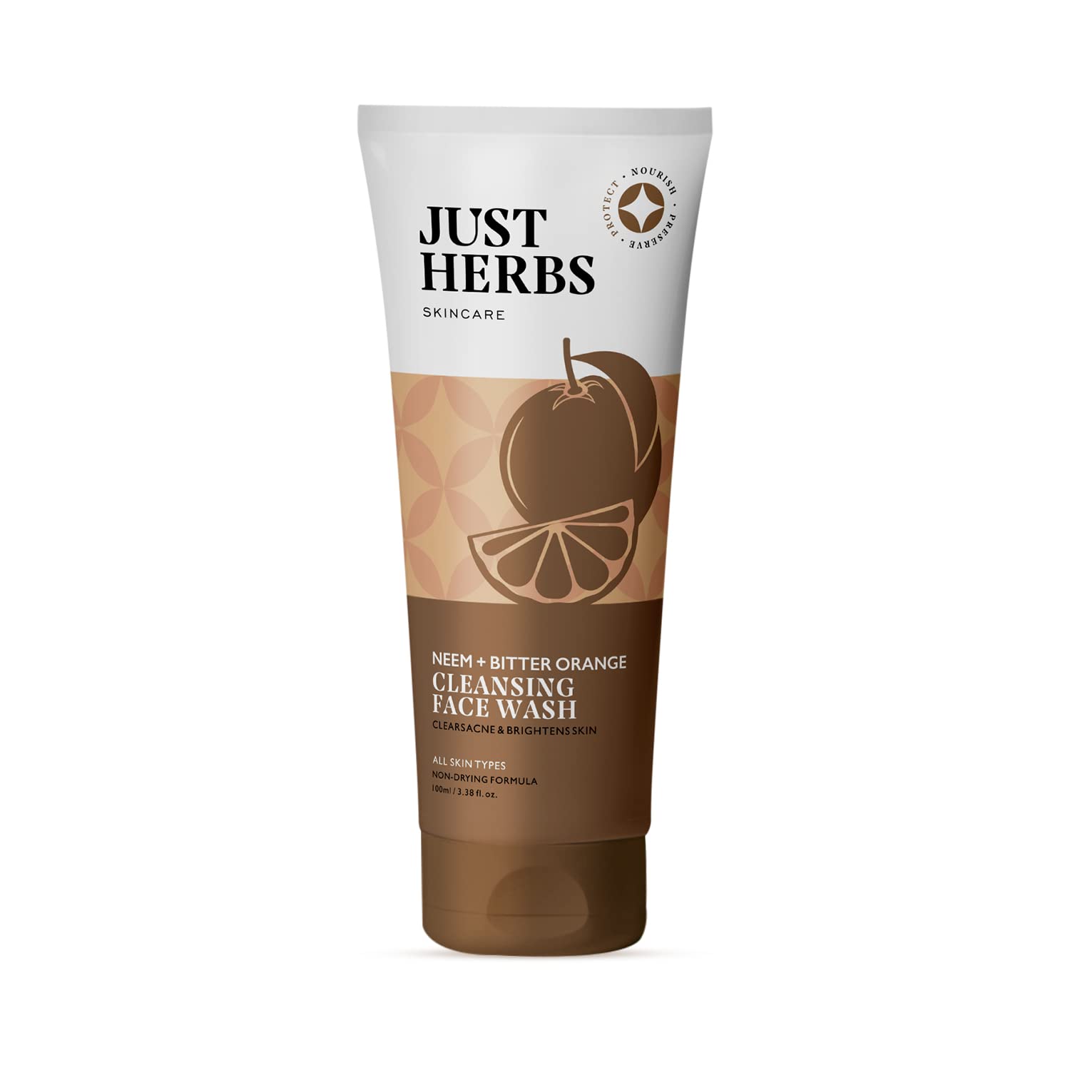 Cleansing face wash tube with Neem + Bitter Orange label, brown-and-cream design