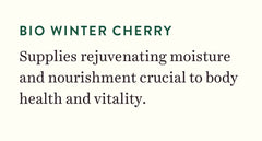 Bio Winter Cherry rejuvenating body lotion message text on light background