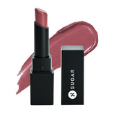 Longwear lipstick in rose mauve, black tube with cap and rose-mauve swatch
