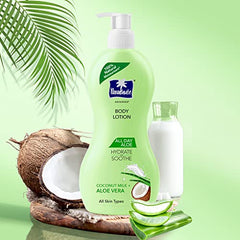 Parachute Advansed body lotion bottle with pump, light green, shown with aloe and coconut