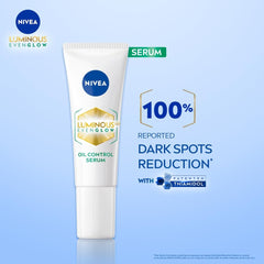 NIVEA Luminous Even Glow oil control serum tube with green SERUM badge and text