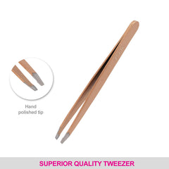 Vega square-tip tweezers with ergonomic shape and rose-gold body, pointed ends