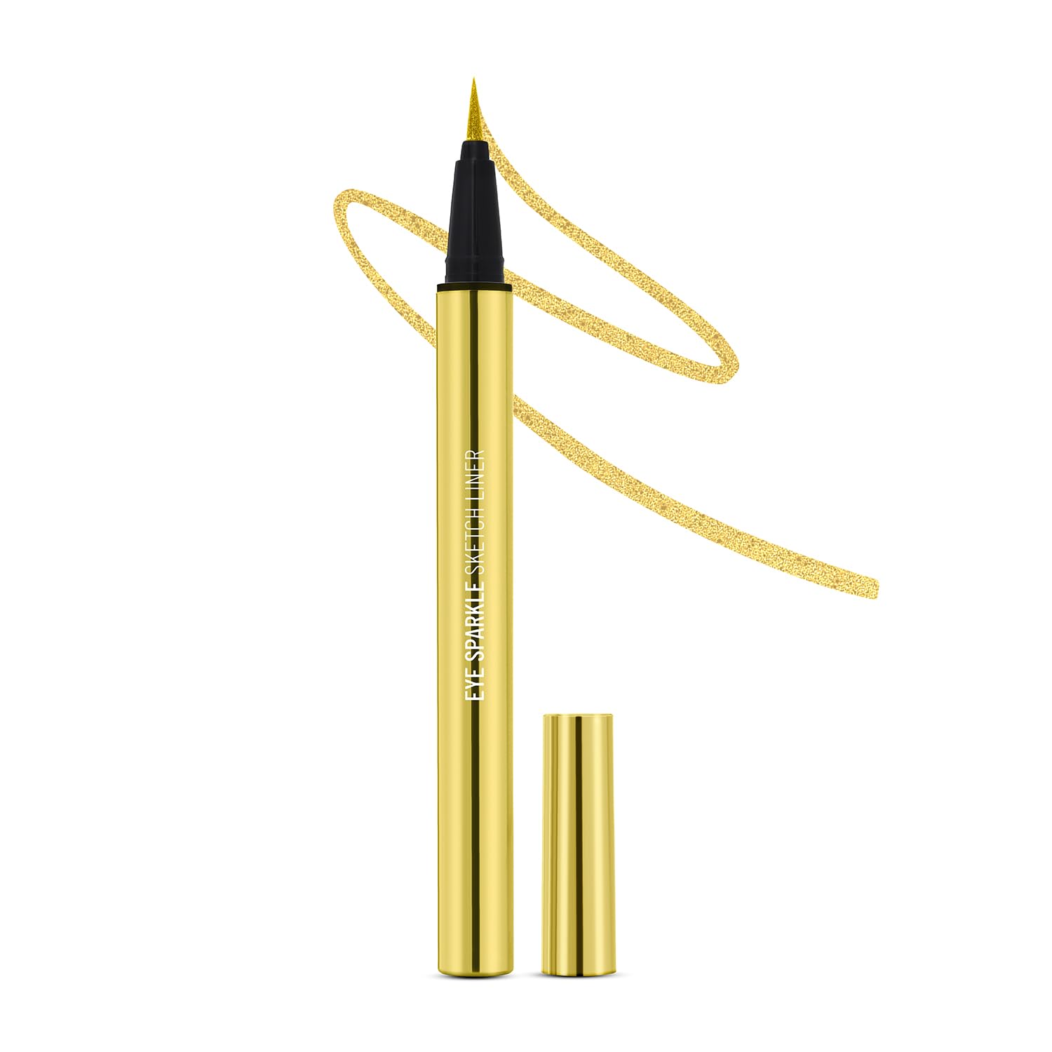 Gold waterproof eyeliner pencil with black tip and glitter swatch