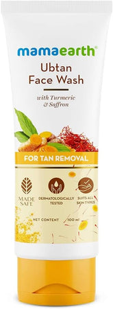 mamaearth ubtan face wash tube, white with gold cap and turmeric saffron graphics