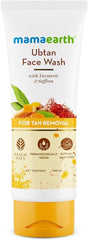 mamaearth ubtan face wash tube, white with gold cap and turmeric saffron graphics