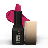 Swiss Beauty matte lipstick in magenta-pink shade, black tube with open cap