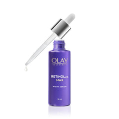 OLAY Retinol 24 Max night serum bottle with dropper tip, 30 ml, purple