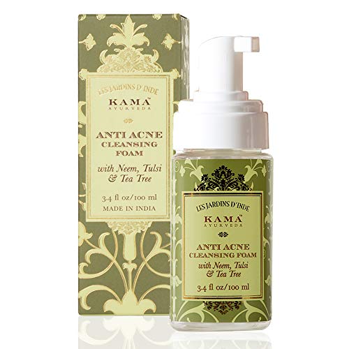 Kama Ayurveda anti acne cleansing foam bottle with carton, green label and white pump