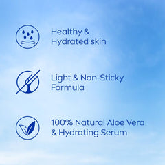 NIVEA Aloe Hydration icons: Healthy skin, light non-sticky formula, 100% aloe serum.