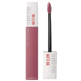 Liquid matte lipstick with mauve wand applicator and upright boxed product.