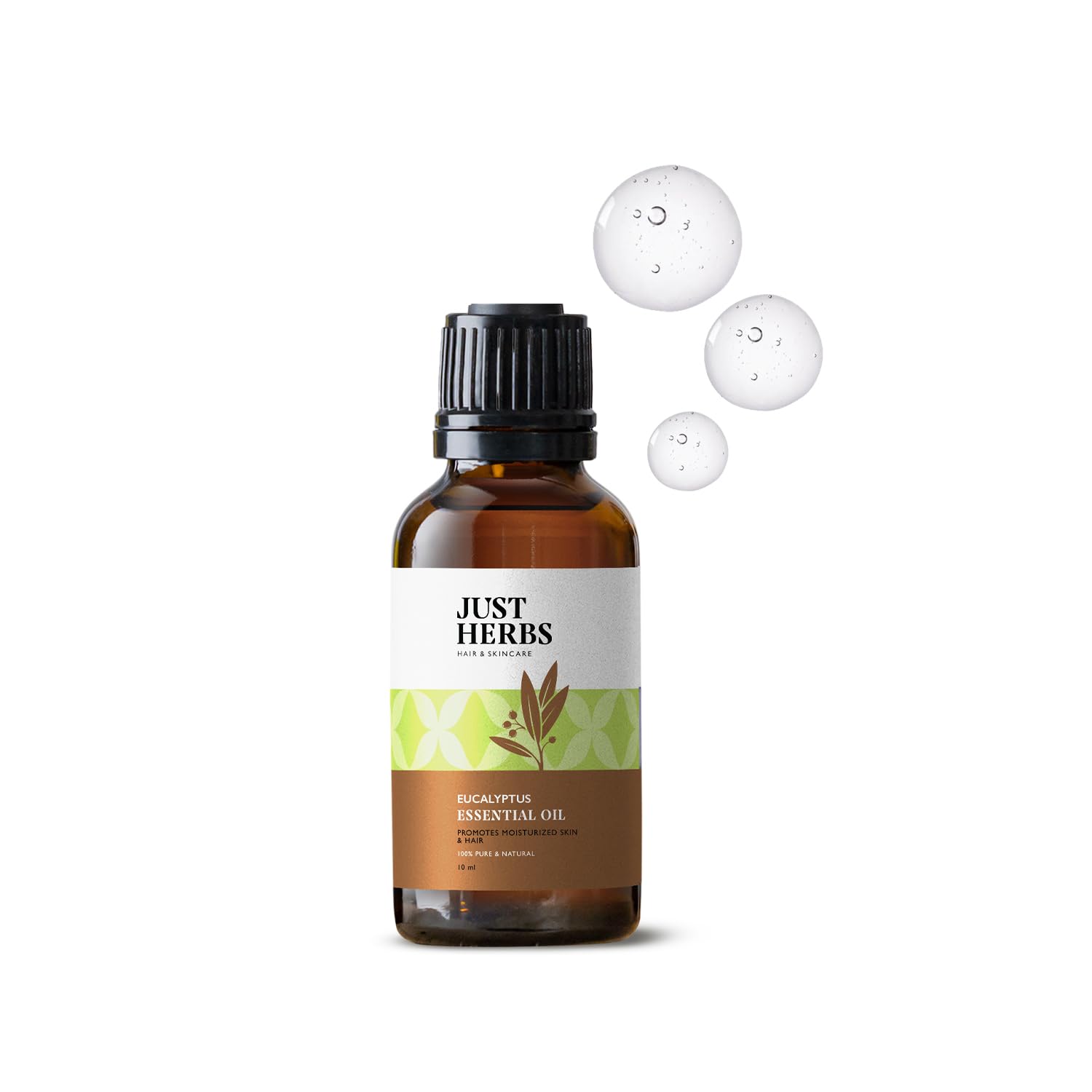 Eucalyptus essential oil bottle with black cap and three white oil drops