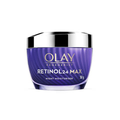 Olay Retinol 24 Max night moisturiser jar, purple with chrome lid, 50g
