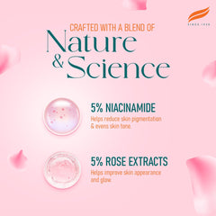 Rose face serum bottle with glass dropper, featuring 5% niacinamide and rose extracts