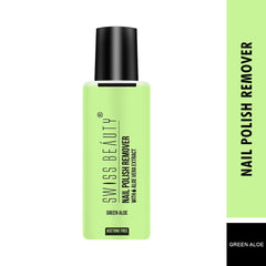 Nail polish remover bottle in light green with black cap and green aloe label