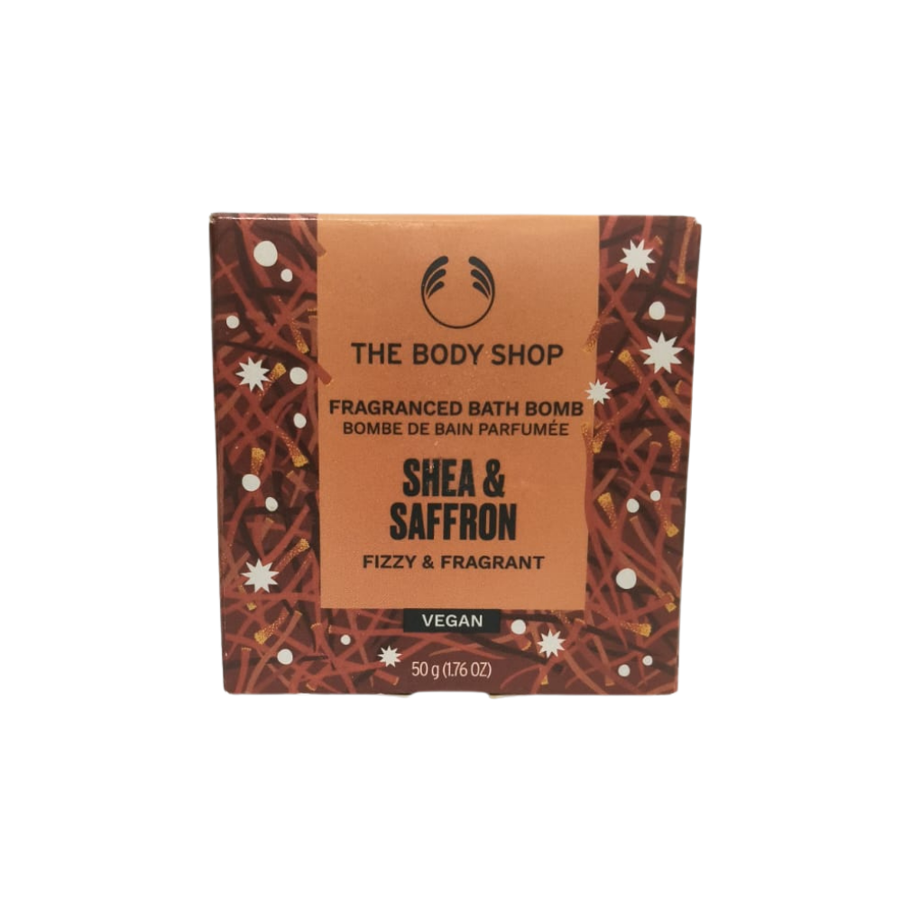 Fragranced bath bomb box with Shea & Saffron label, vegan 50 g