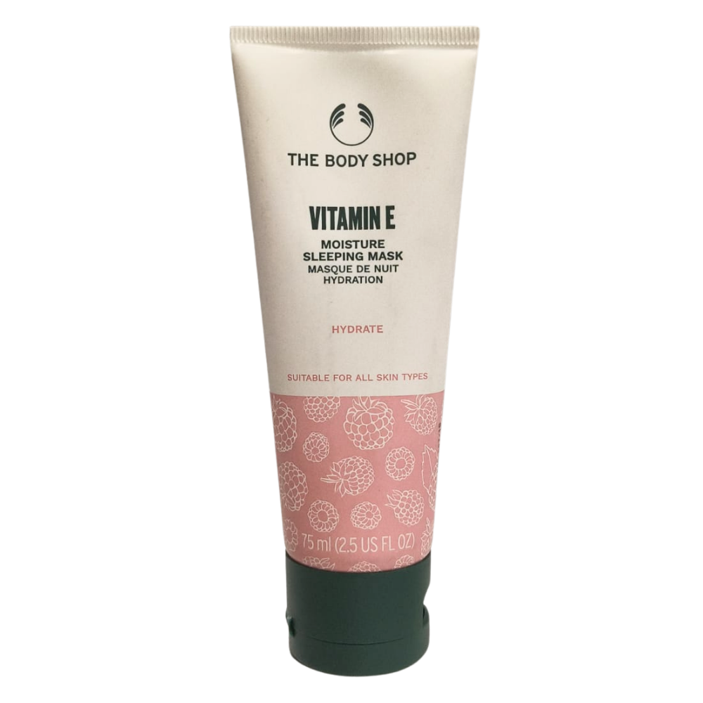 The Body Shop Vitamin E Moisture Sleeping Mask tube, 75 ml, beige and dark green