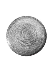Glittery gray silver circular UV gel polish swatch, textured surface