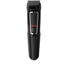 Black all-in-one hair and face trimmer, front view with orange detail