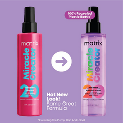 Matrix Miracle Creator leave-in spray bottles, red and purple with black pumps