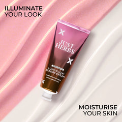 Pink Lumi-Glow strobe cream tube beside soft satin glitter stripes