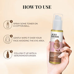 Toner bottle held in hand with spray pump and usage icons