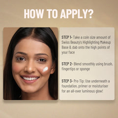 Highlighting makeup base application shown on face, creamy streak on cheek and forehead