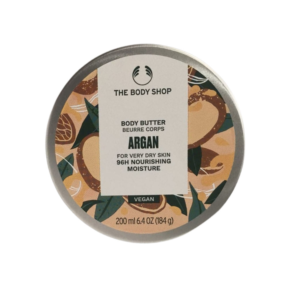 The Body Shop Argan body butter tub, vegan 200 ml round package