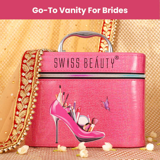 Pink Swiss Beauty makeup trousseau box with top handle and zip, SWISS BEAUTY logo