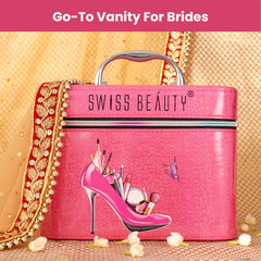 Pink Swiss Beauty makeup trousseau box with top handle and zip, SWISS BEAUTY logo