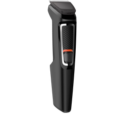 Black all-in-one hair and face trimmer, side view with orange detail