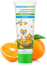 Kids orange-flavored toothpaste tube with fluoride, green base; cat and orange graphics