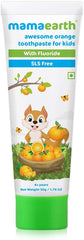 Kids orange-flavored toothpaste tube with fluoride, green cap; cat and orange artwork