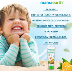 Kids toothpaste promotional panel with child smiling and product tube shown