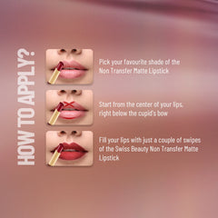 Non-transfer matte lipstick application steps with lip swatches and gold-capped wand