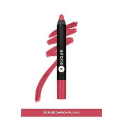 Rose pink matte crayon lipstick with smear and '05 ROSE DAWSON' bar