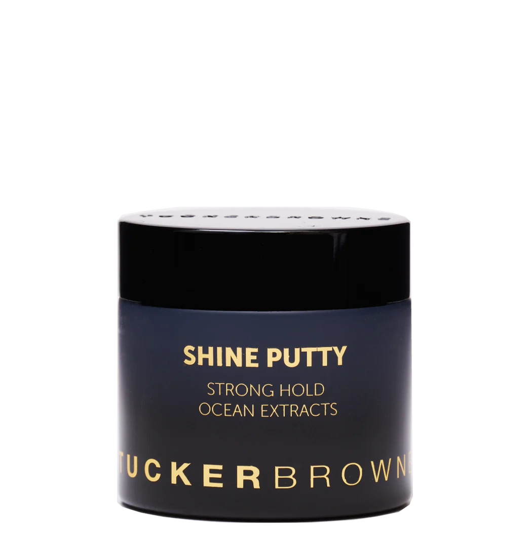 Hair shine putty strong-hold in dark jar with white lid