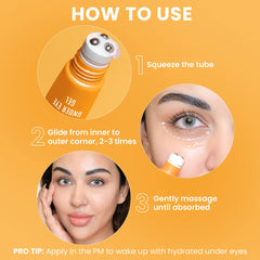 Lakmé 9 to 5 under-eye gel tube with how-to-use steps graphic