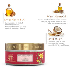 Radiance Renewal body cream jar, gold lid and red label with floral accent
