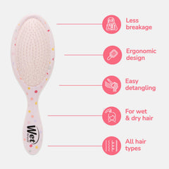 Pink oval detangling hairbrush with cushion pad and curved handle, feature icons