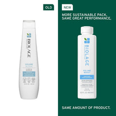 Volume Boost conditioner bottle shown as old and new pack versions side by side