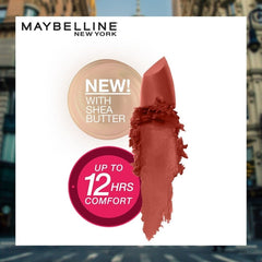 Rose-pink matte lipstick on lips, with a thick lip-swatch swipe.