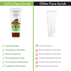 CoCo Face Scrub comparison panel with checkmarks: gently exfoliates, removes dead skin