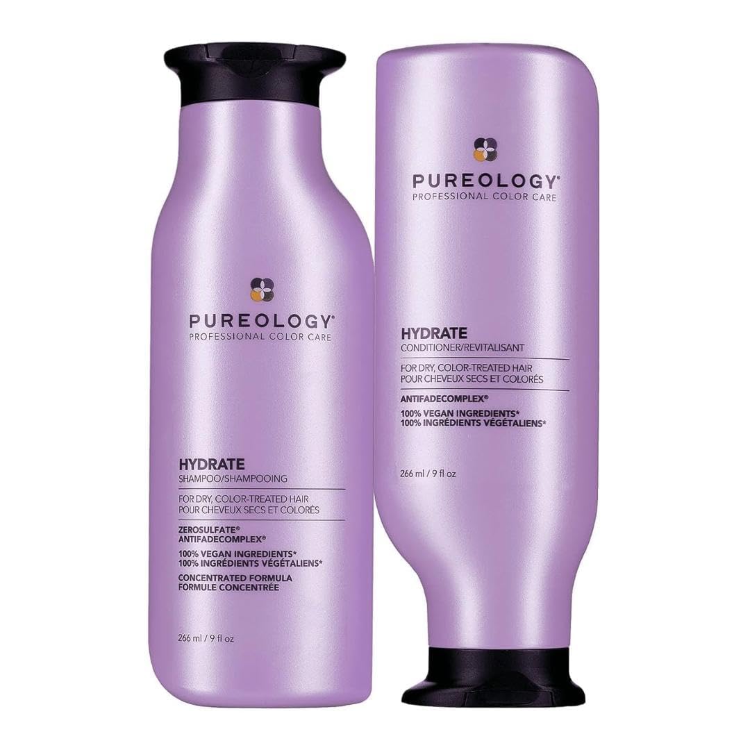 Pureology HYDRATE shampoo and conditioner bottles, lavender with black caps