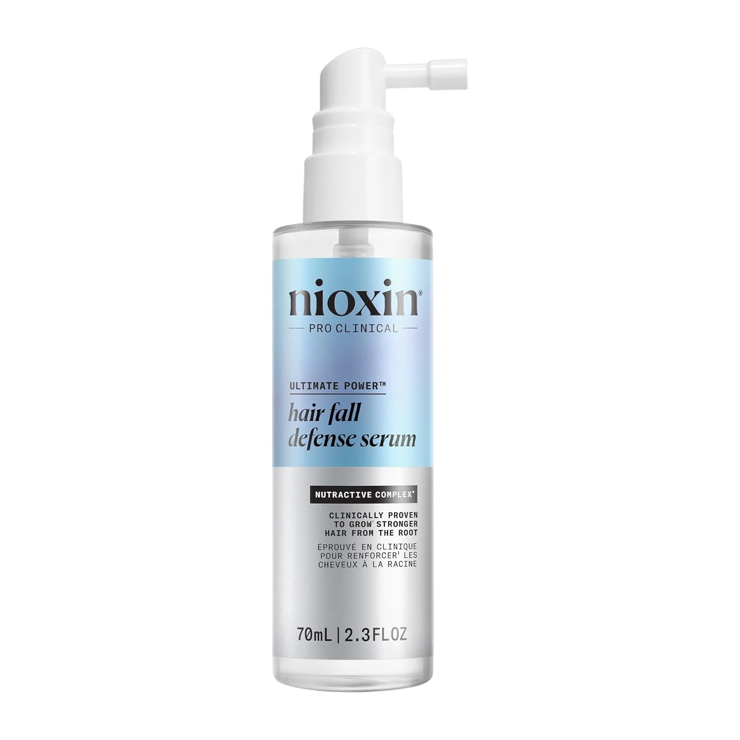 Nioxin hair fall defense serum bottle with pump, 70 mL, clear/white liquid