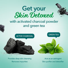 Activated charcoal and green tea detox face pack graphic with charcoal and green leaves