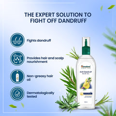 Anti-dandruff hair oil benefit graphic with bottle and feature icons
