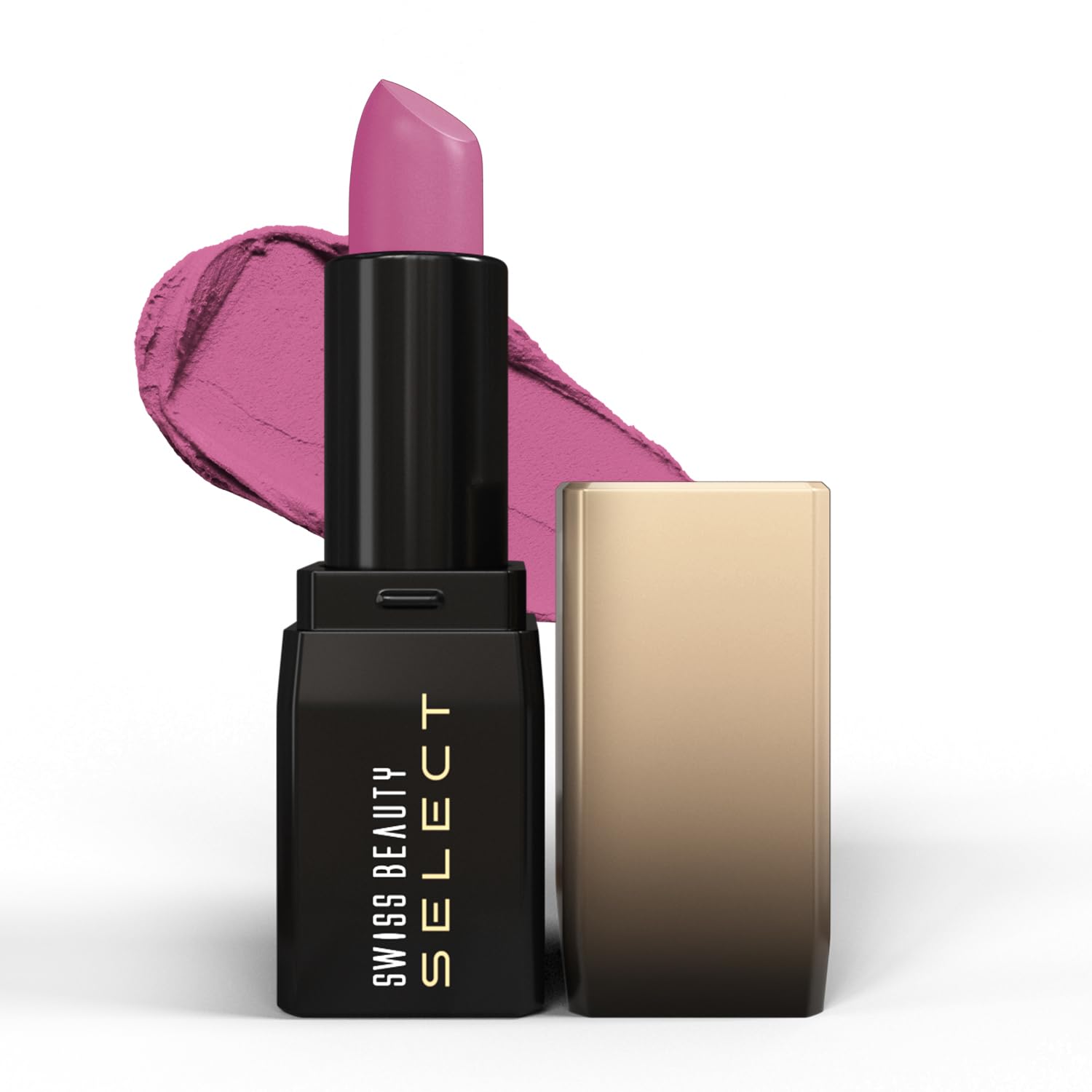 Swiss Beauty matte lipstick in pink with black tube and open cap, visible bullet