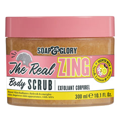 Body scrub jar with pink lid and amber scrub, Real Zing body scrub label